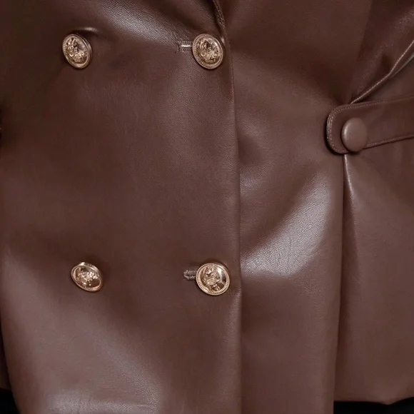 Plus Brown Vegan Leather Double Button Flared Jacket